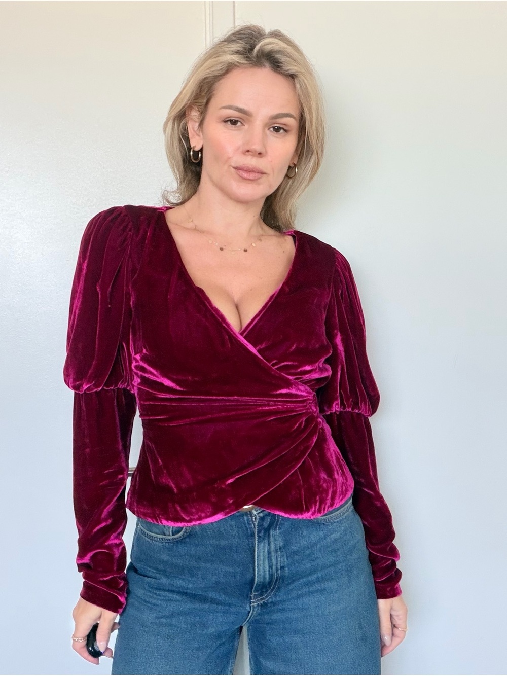 cinq a sept Theo Velvet Wrap Puff-Sleeve Blouse